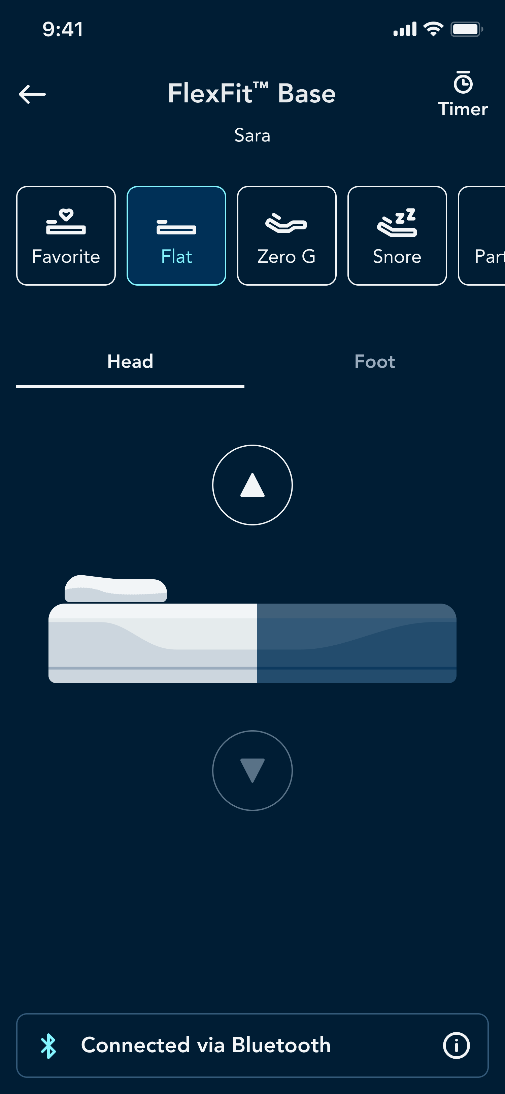 Screenshot of the Sleep Number app's Preset Position screen, showing a bed in the Flat Position.