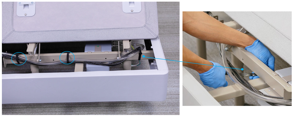 Side by side of two images with one showing how to secure a wire harness to a frame, and then another with a close up of hands putting a velcro strap around the wire harness on the frame.