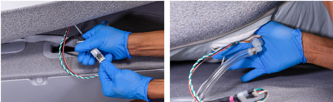Two images showing hands connecting wires under a smart bed.