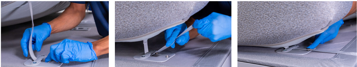 Three images showing hands securing straps under a smart mattress into a smart base.