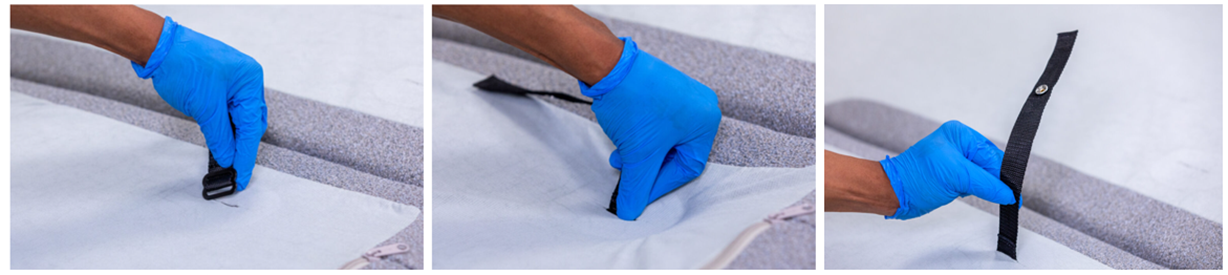 Three images showing how to insert black straps into a mattress.