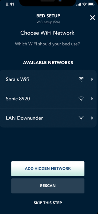 Choosing a Wi-Fi network in the Sleep Number app.