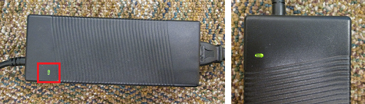 Two images showing a DualTemp power brick with a green light on.