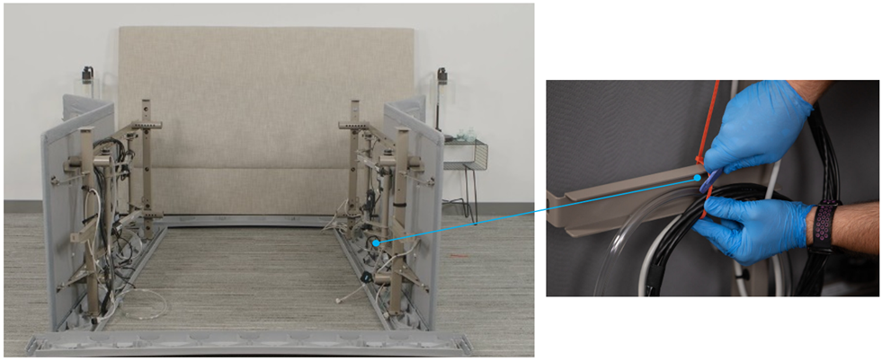 Side by side of two images with one showing the underside of a smart adjustable base, and then another showing hands cutting orange ties.
