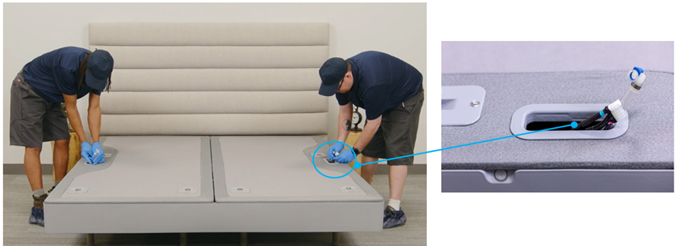 Side by side of two images with one image showing technicians feeding connections through a port cup, and another showing a close up of the wires and connections in the port cup.