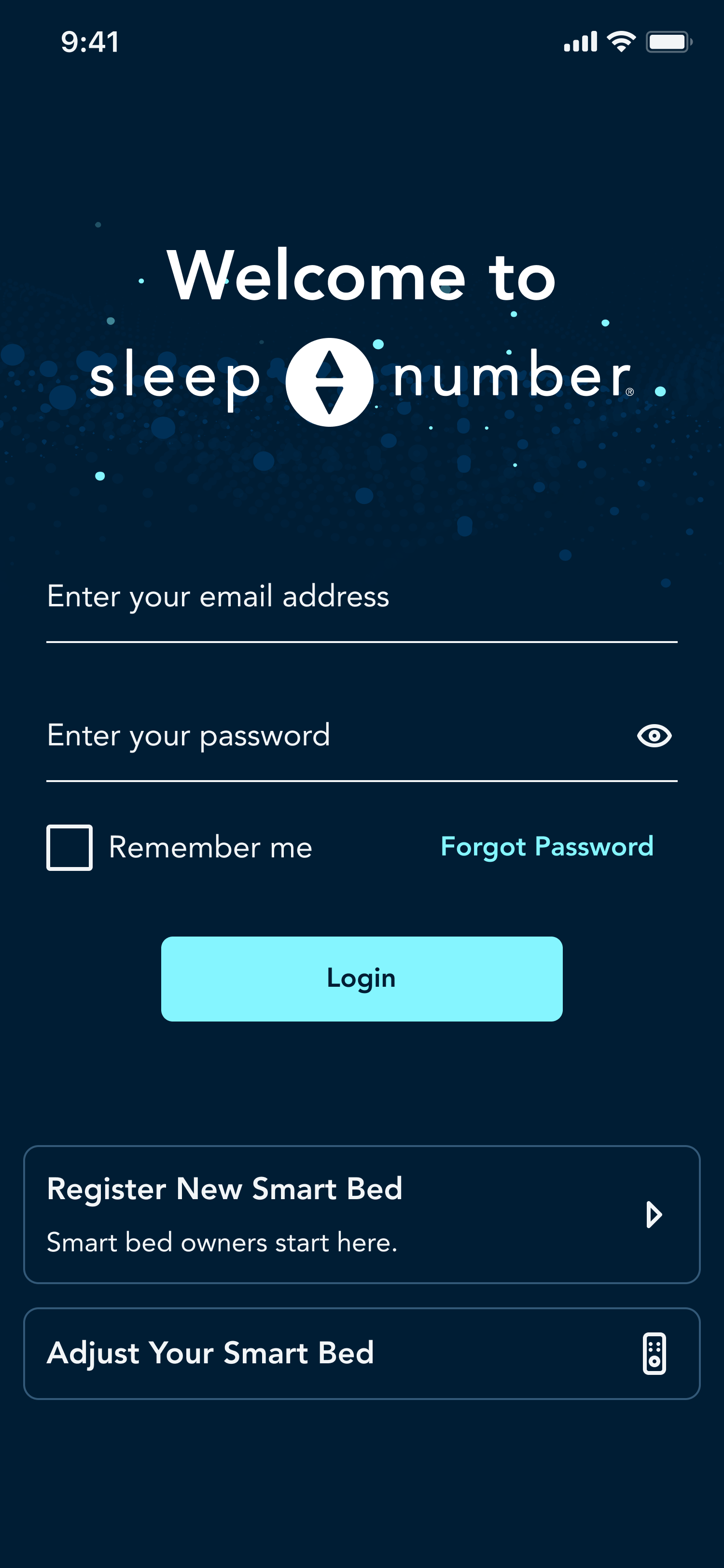Sleep Number app log in screen.