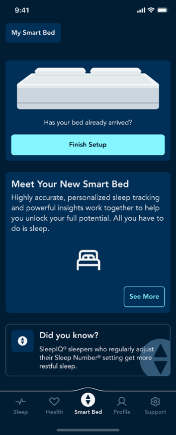 The Finish Setup screen in the Sleep Number app with a meet your new smart bed box underneath.