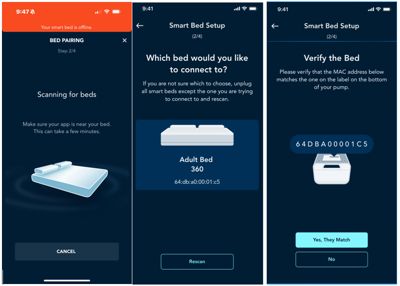 Three screenshots
        from the Sleep Number app showing the bed pairing process, including
        verifying the bed's MAC address.