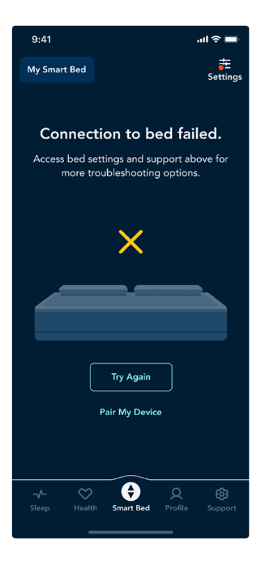 Connection to bed failed error message from the Sleep Number app.