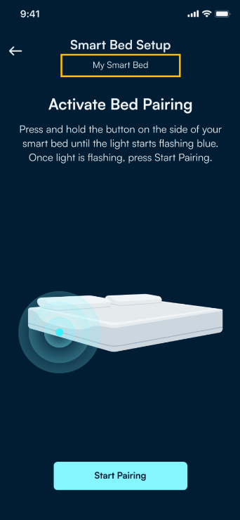 The Sleep Number app Smart Bed Setup screen at the screen that advises you to press and hold the button on the side of your smart bed until the light starts flashing blue. Once light is flashing, press Start Pairing, on the app screen.