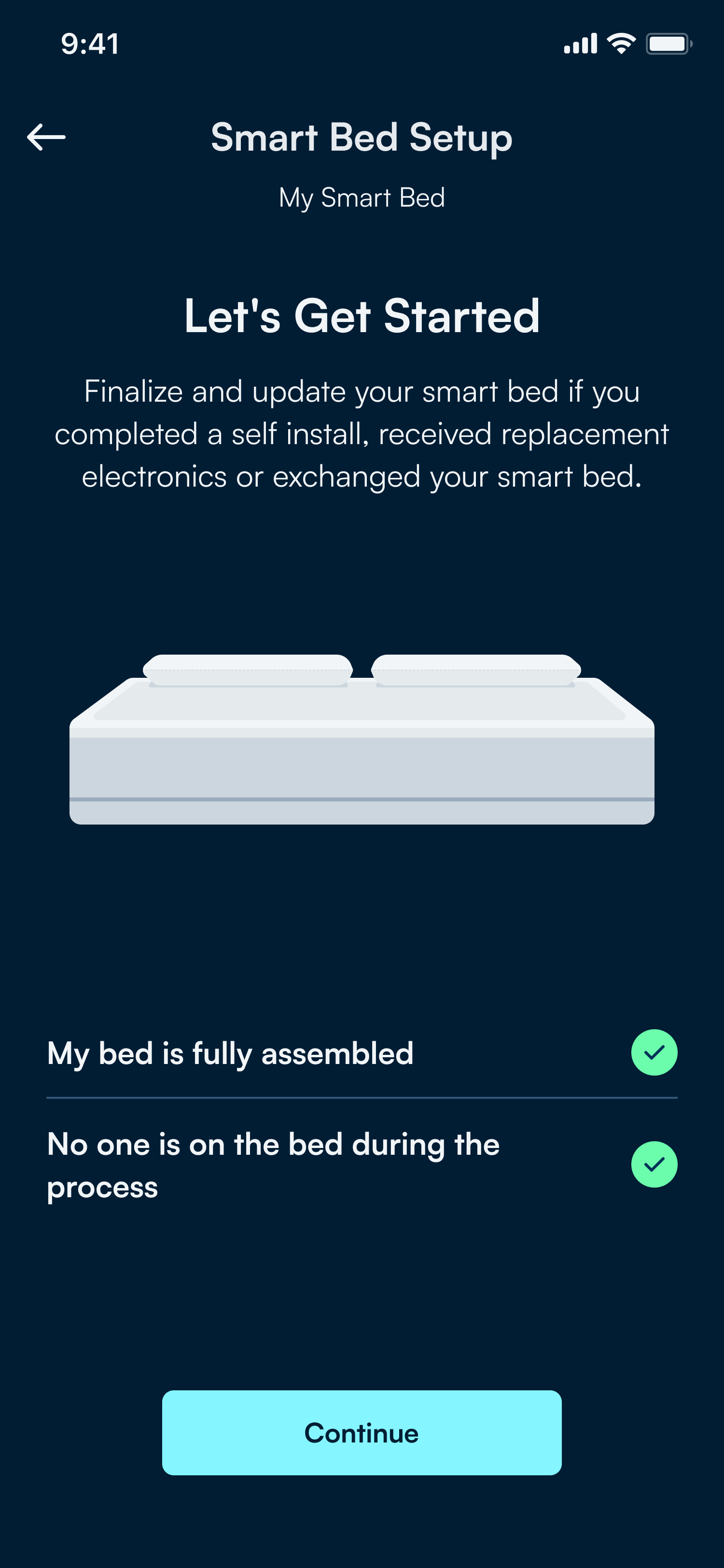 The Sleep Number app Smart Bed Setup 'Let's get started' screen.