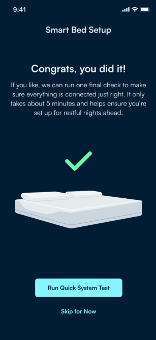 The Sleep Number app Smart Bed Setup screen with the message "Congrats, you did it! If you like, we can run one final check to make sure everything is connected just right. It only takes about 5 minutes and helps ensure you're set up for restful nights ahead." There are options to 'Run Quick System Test' or 'Skip for Now.' 