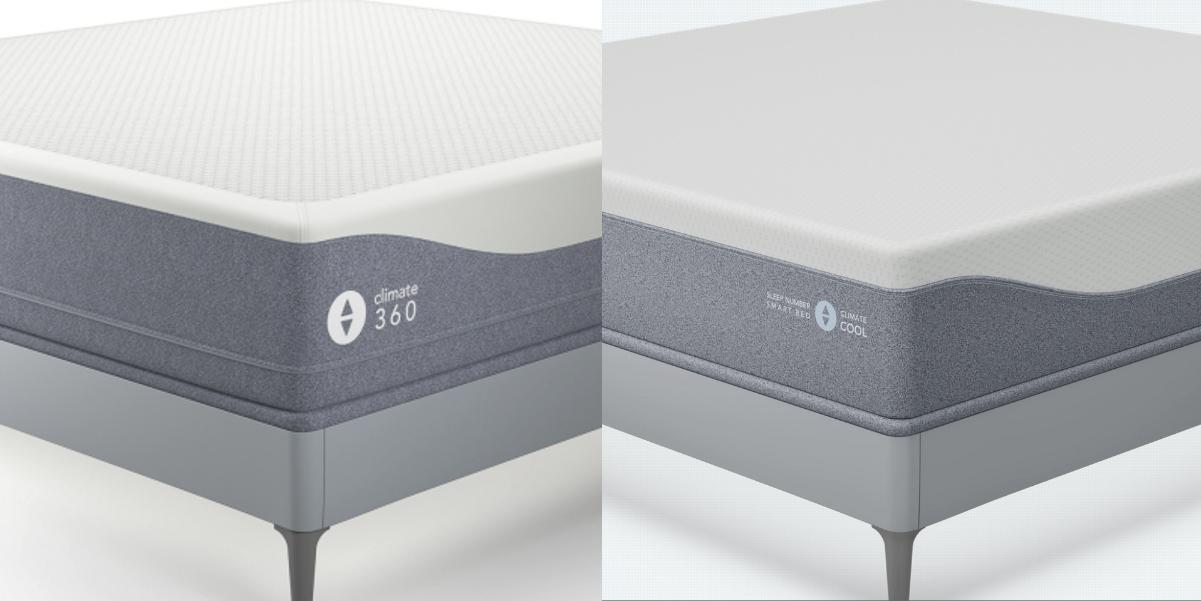 A side by side comparison of the Climate360 and ClimateCool mattresses on bases.