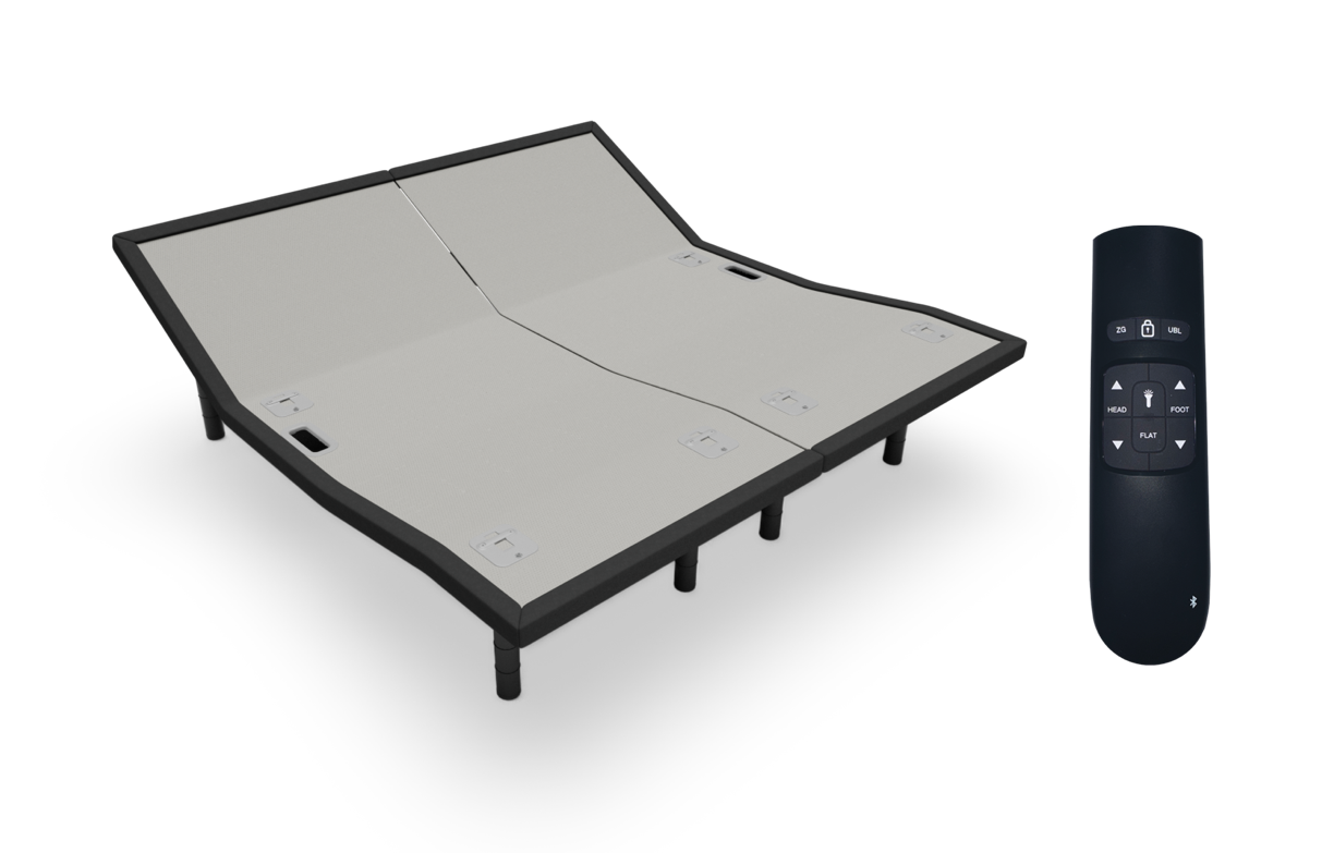 A picture of the Sleep Number Adjustable Base with the remote control that operates the base.