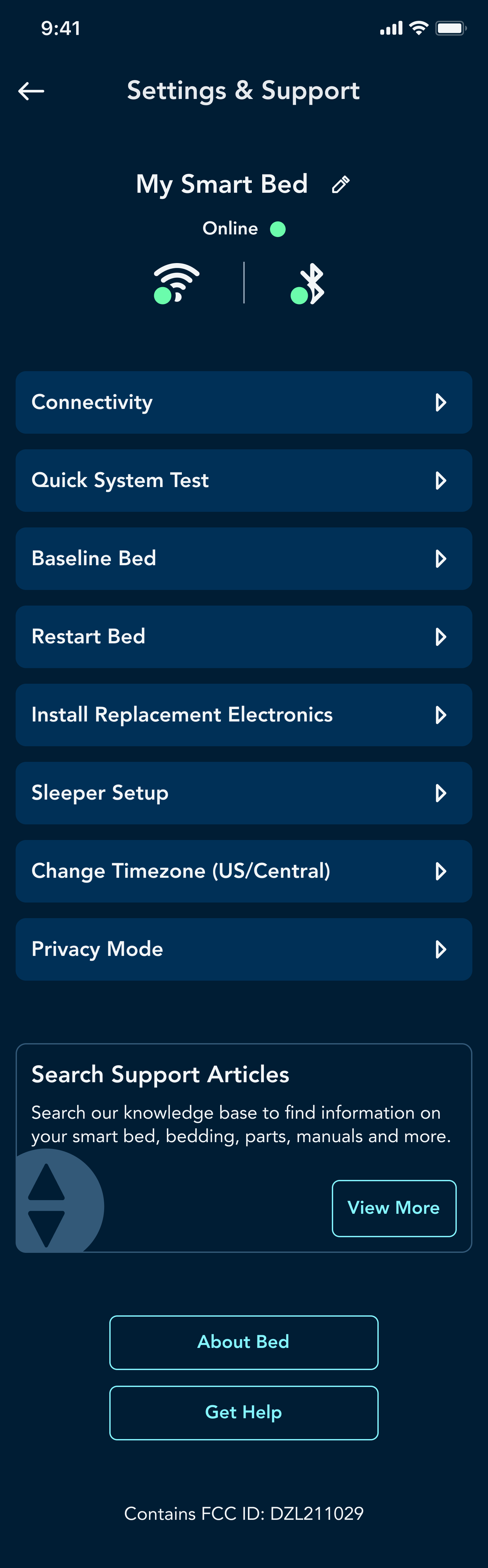 Settings Menu in Sleep Number App. Not all beds are equipped with Quick System Test.