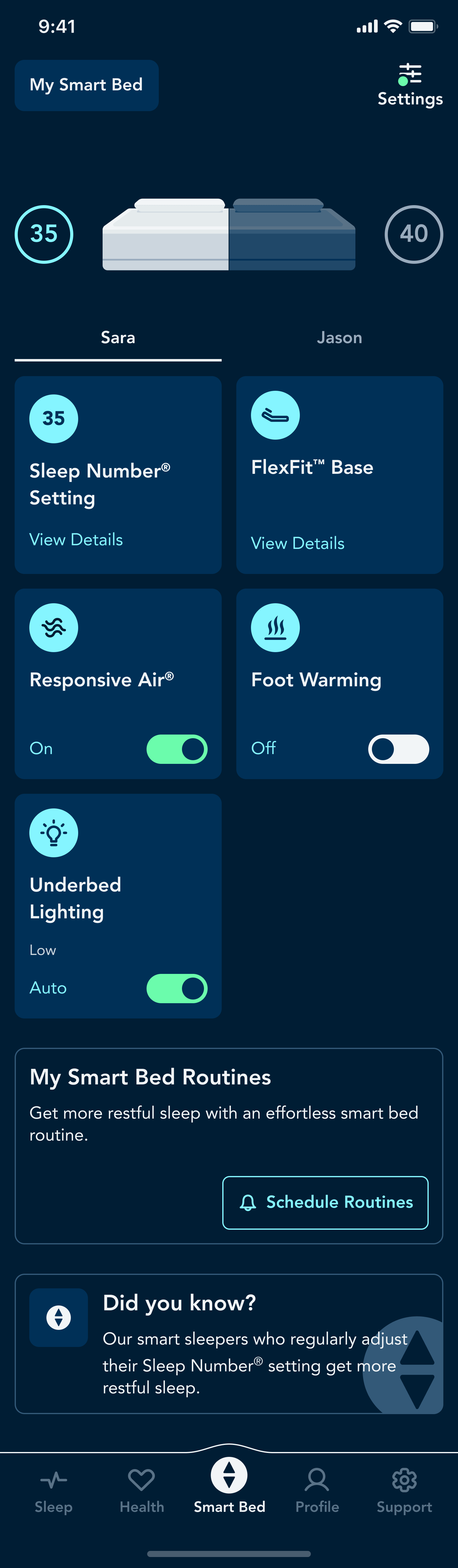 Sleep Number app Smart Bed screen with tiles for features.