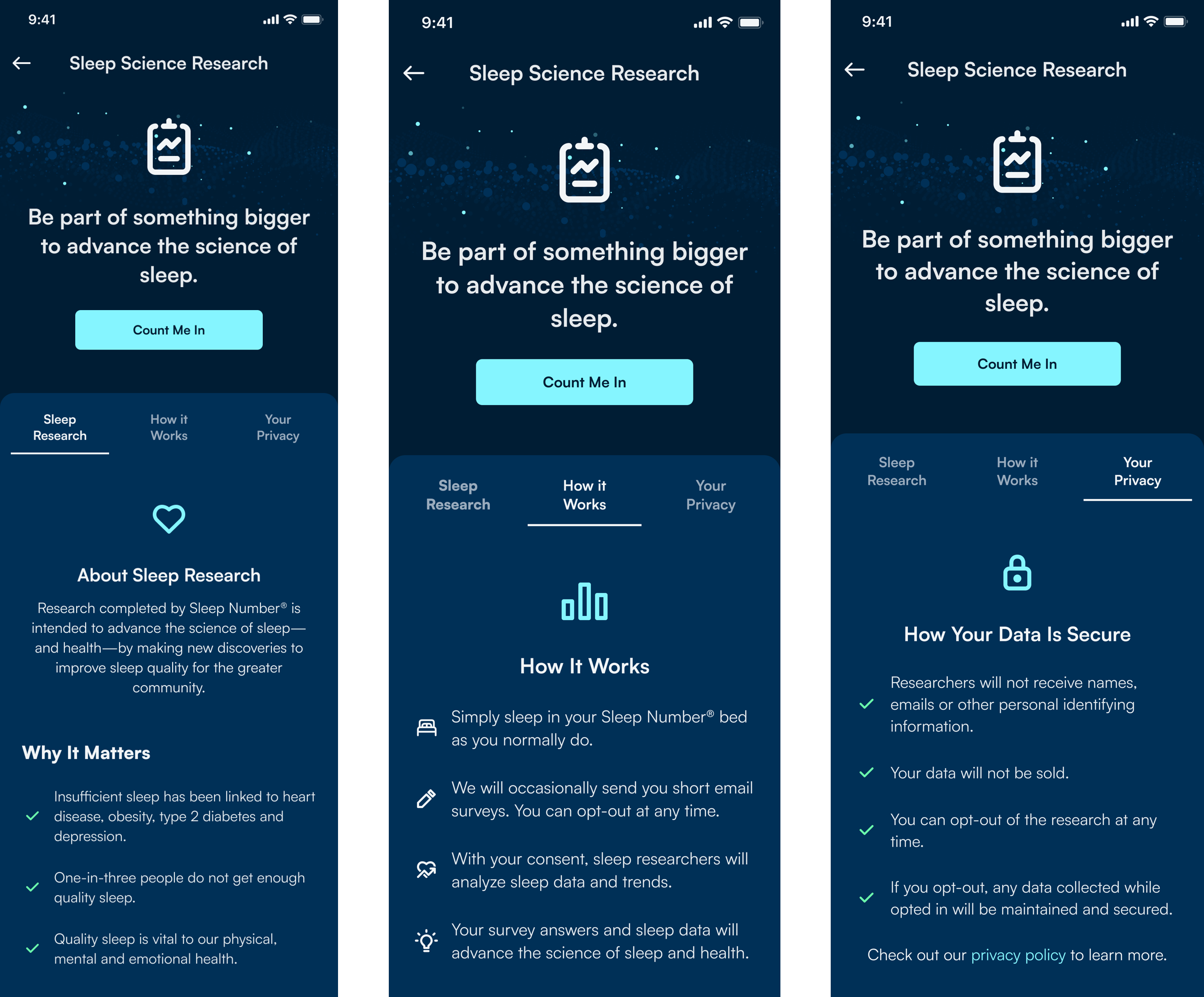 Sleep Science Screens in the Sleep Number App