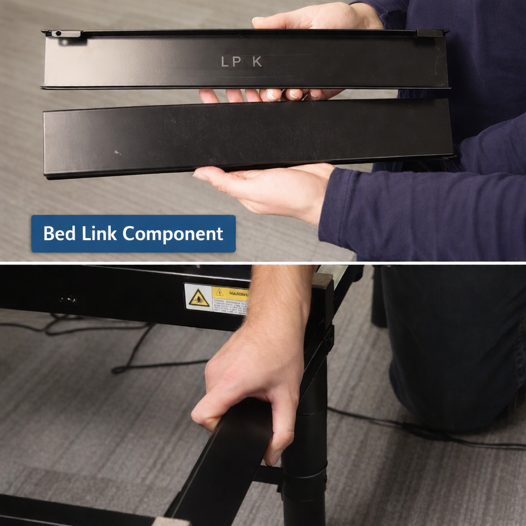 A close up of the bed links required for a king size base, and where they go on the base.