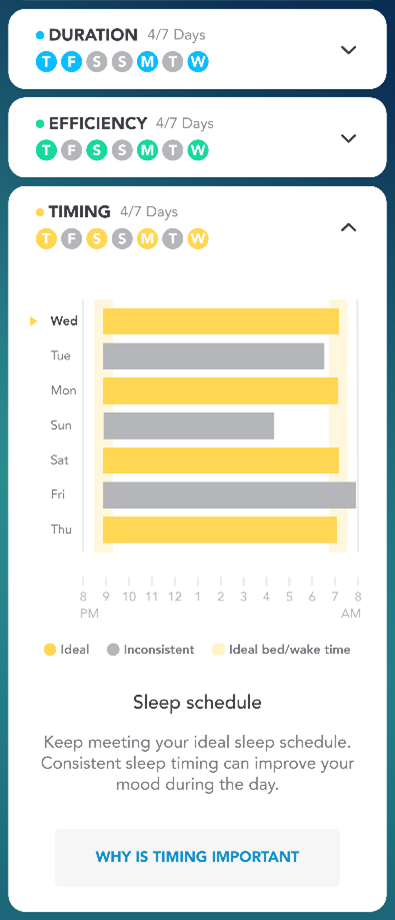 Sleep timing screenshot in the SleepIQ app.